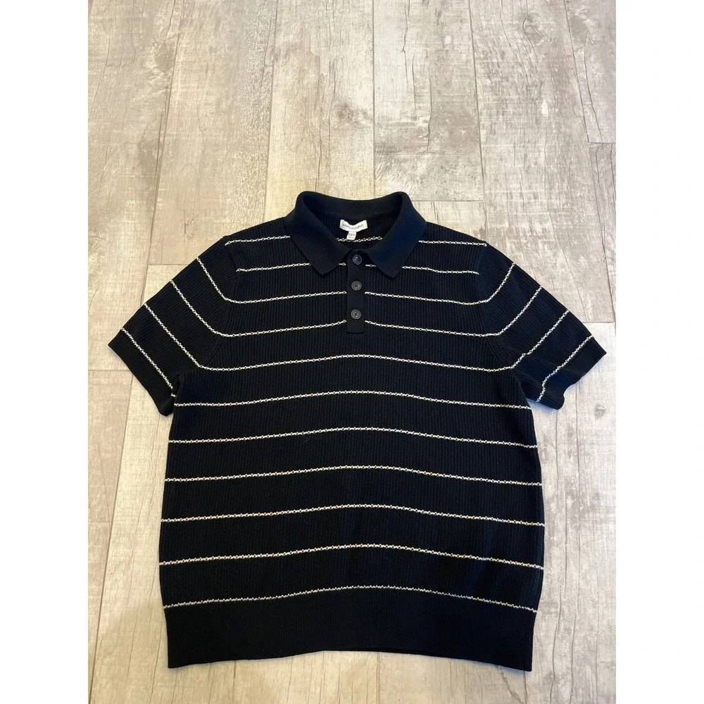 Banana Republic Mens Knit Polo Shirt Black White Striped Short Sleeve Large L‎